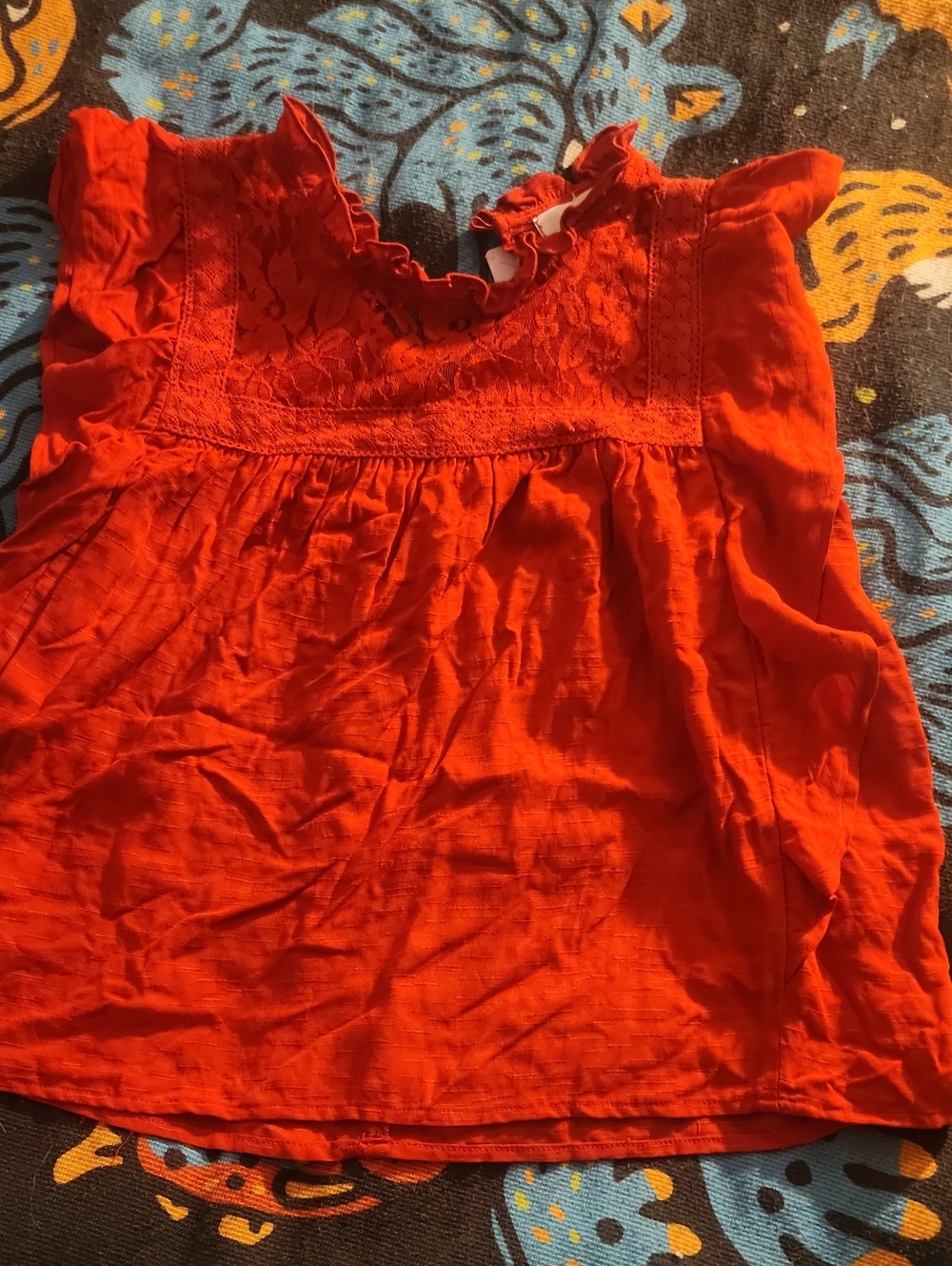 Ruffled Lace Yoke Sleeveless Top in Bright Orange